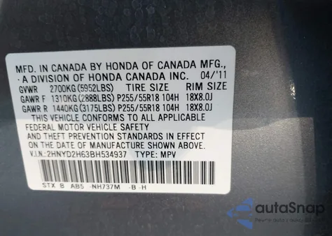 2011 Acura Mdx Technology Package from USA, damaged, VIN 2HNYD2H63BH534937